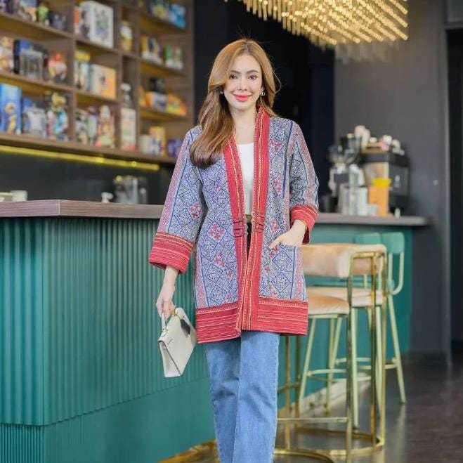 Thai Lanna Cotton Indigo Yukata Kimono Jacket – Soft & Breathable | Unisex Haori with Pockets | Handmade Thai Fabric - Chest 44"