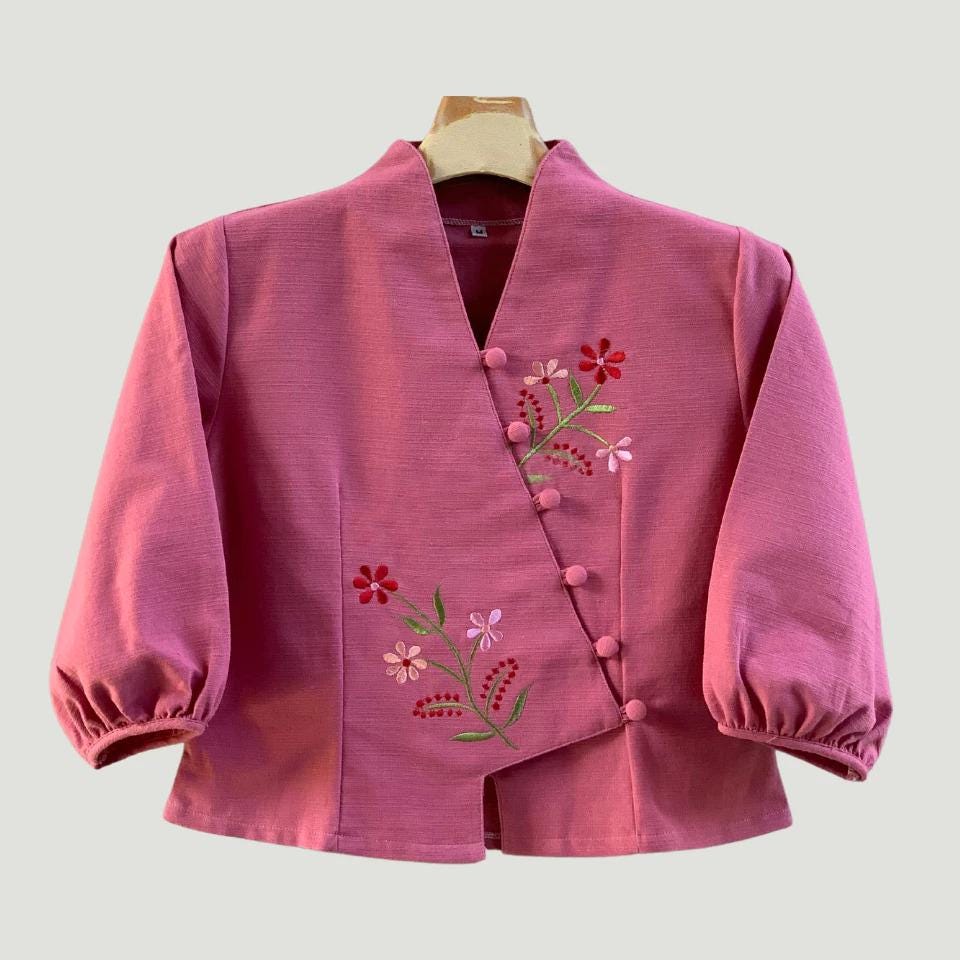 Bust 36"-44" - Embroidered Floral Cotton V-Neck Blouse | Soft Natural Fabric | 9 Colors