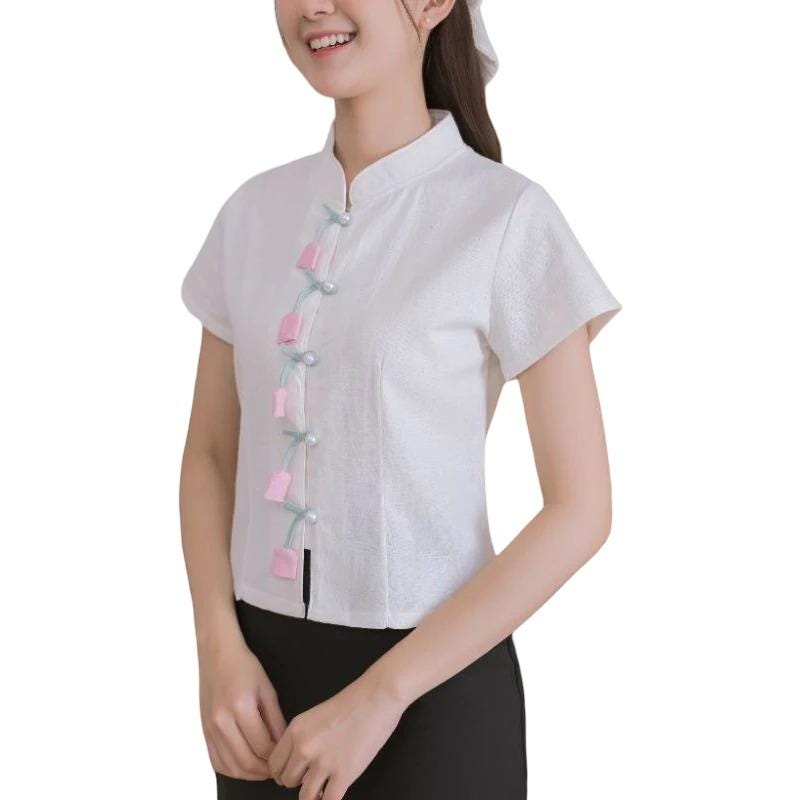 Chest 34"- 44" -  Thai Lanna Blouse - Thai Traditional Cotton Top - Thai Shirt - Cotton Blouse