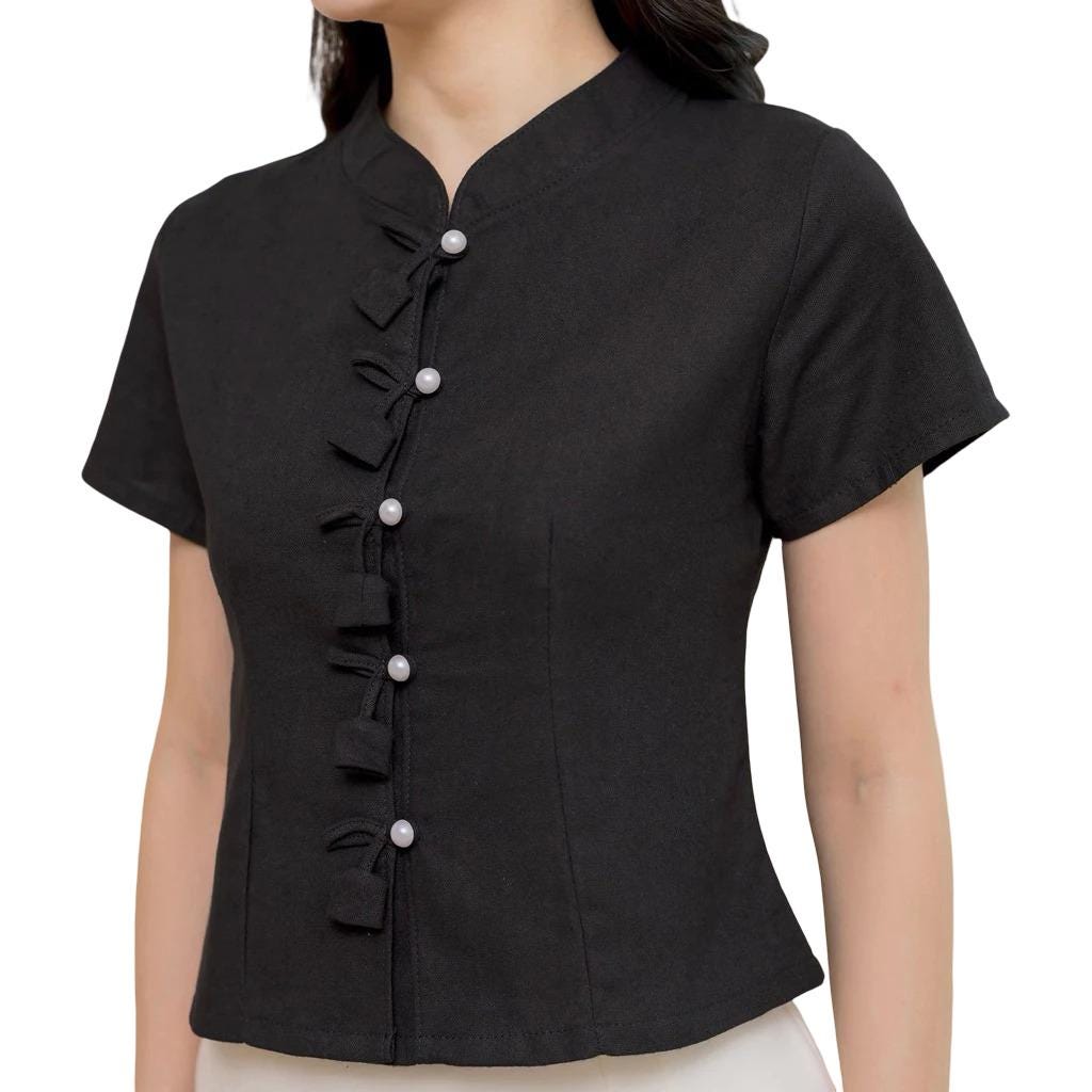 Chest 34"- 44" -  Thai Lanna Blouse - Thai Traditional Cotton Top - Thai Shirt - Cotton Blouse