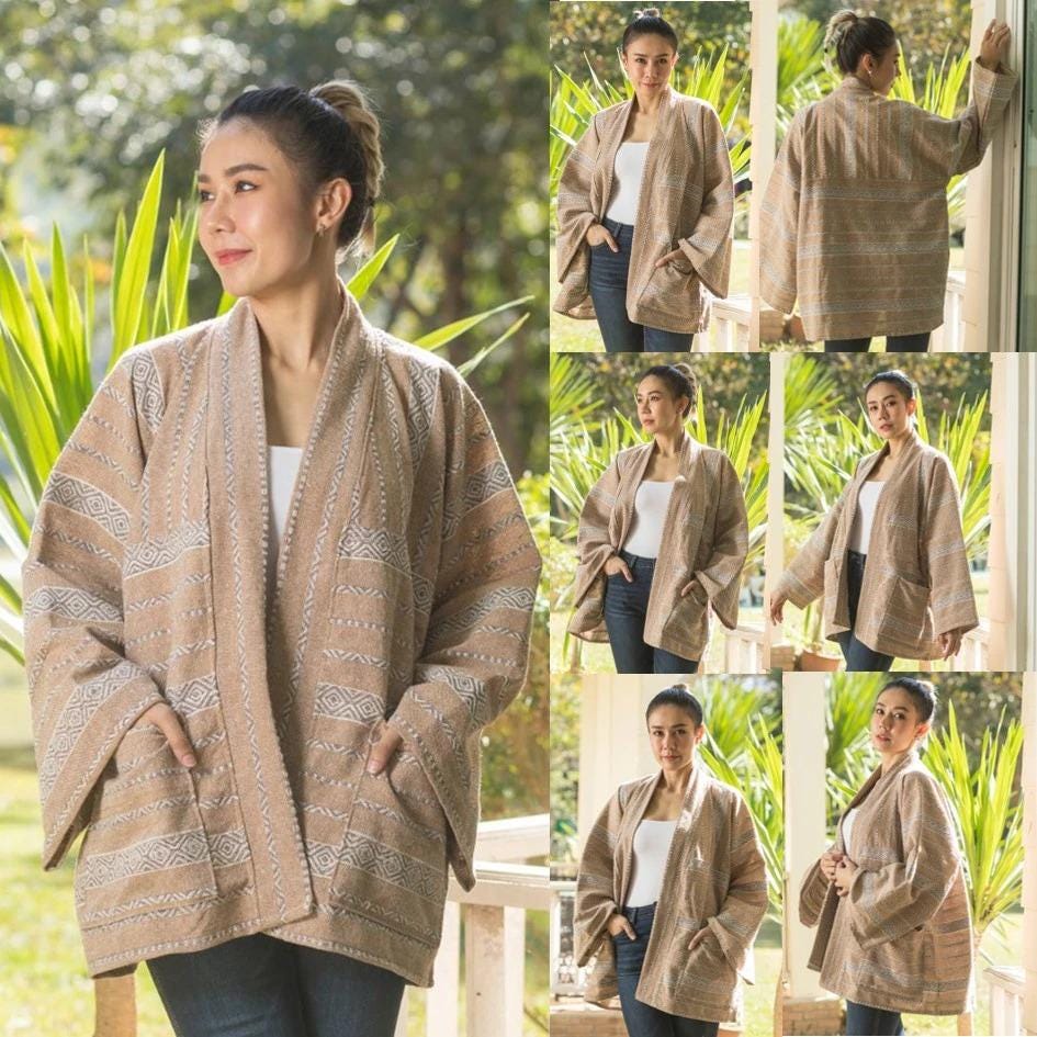 Cotton Jacket for Women - Kimono Jacket - Thai Lanna Blouse - Thai Traditional Cotton Top - Cotton Shirt - Chest 52"