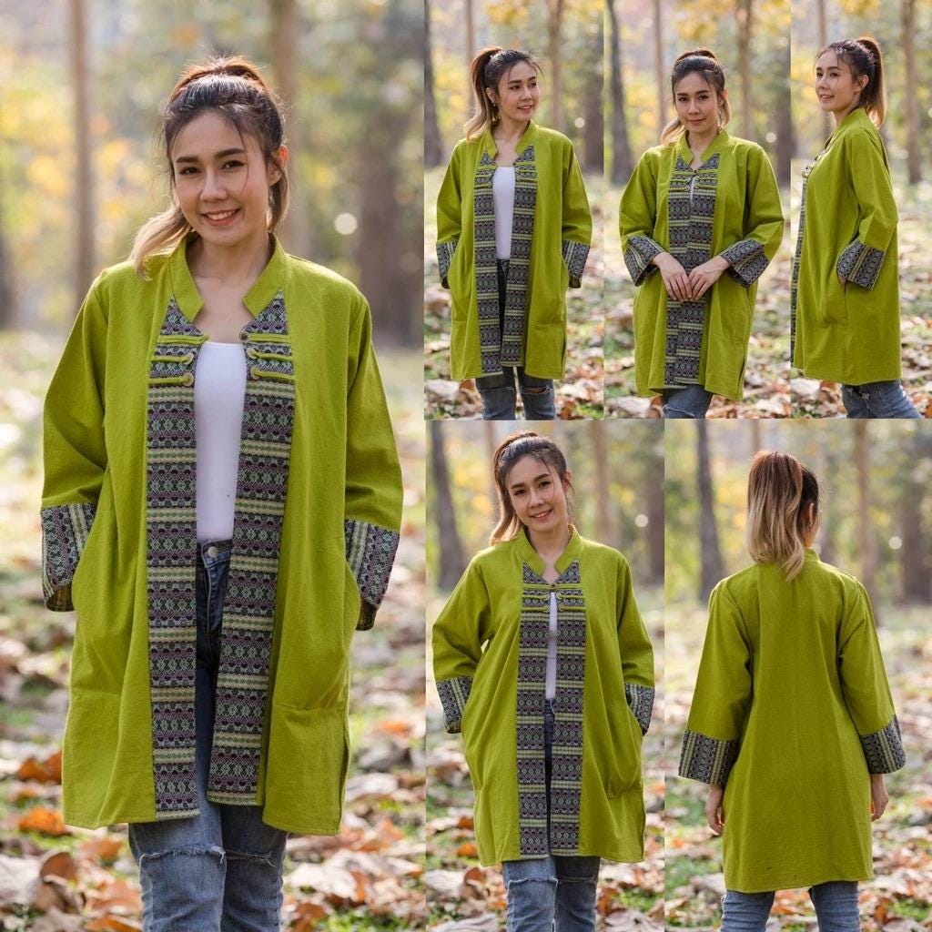 Thai Lanna Blouse - Thai Traditional Cotton Top - Long Jacket - Cotton Shirt - Chest 46"
