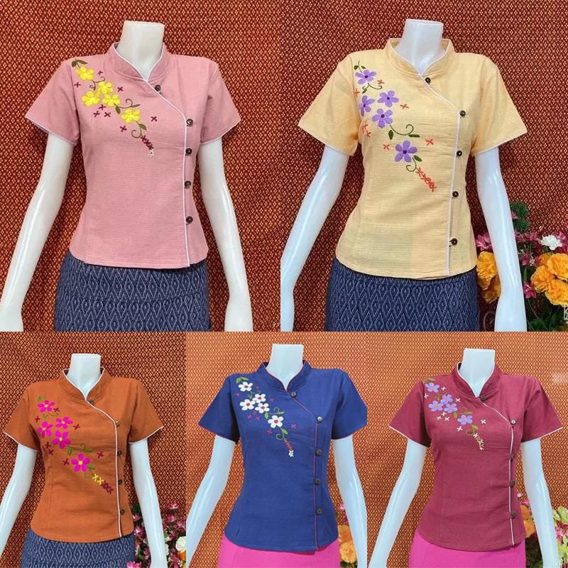 Thai Lanna Blouse - Thai Traditional Cotton Top - Thai Shirt - Cotton Shirt -Chest 36"-42"