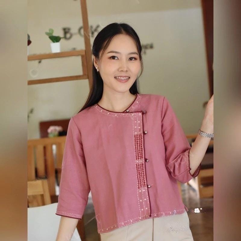 Thai Lanna Blouse - Thai Traditional Cotton Top - Thai Shirt - Cotton Shirt -Chest 34-40"”