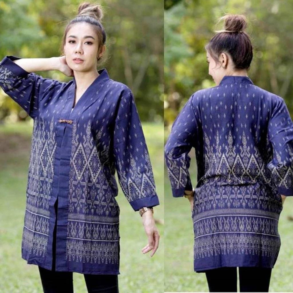 Thai Lanna Blouse - Thai Traditional Cotton Top - Long Jacket - Cotton Shirt - Chest 44"