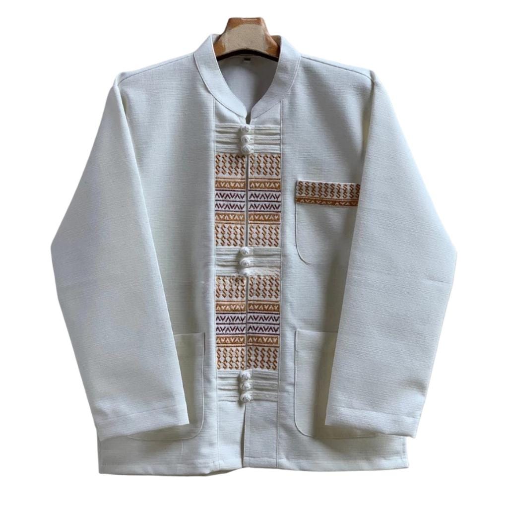 Premium Thai Cotton Men's Shirt, Chiang Mai Chinmai Fabric Mandarin Collar Jacket, Long Sleeve Traditional Embroidered Boho Festival Top