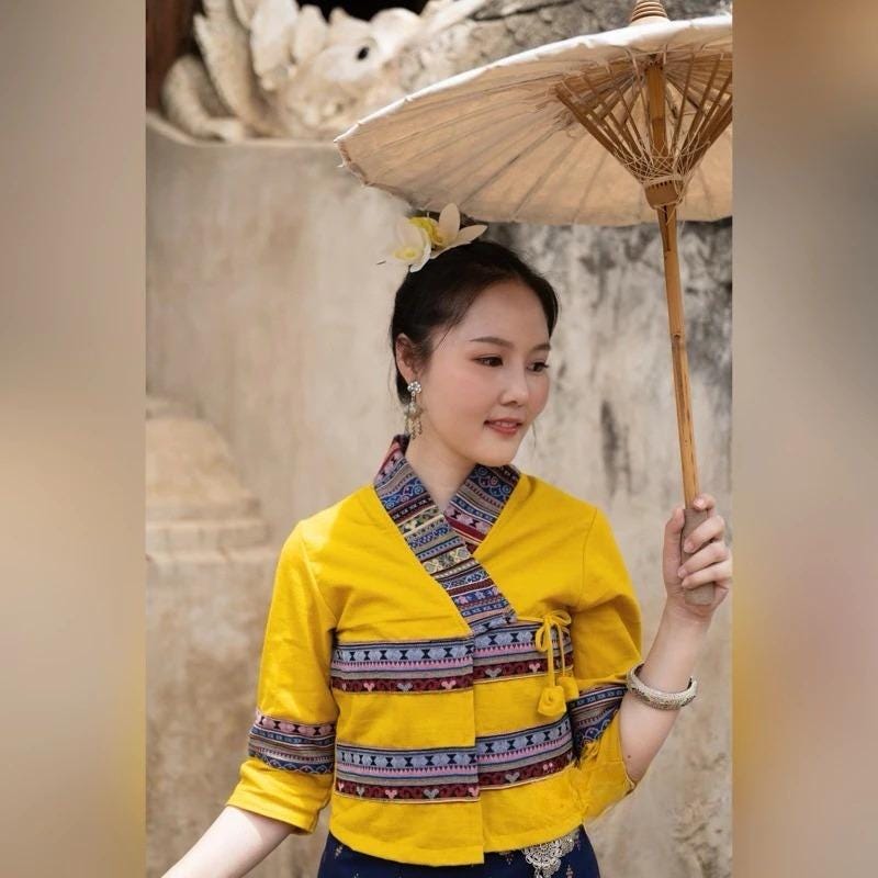 Thai Lanna Blouse - Thai Traditional Cotton Top - Thai Shirt - Cotton Shirt -Chest 34-44"”