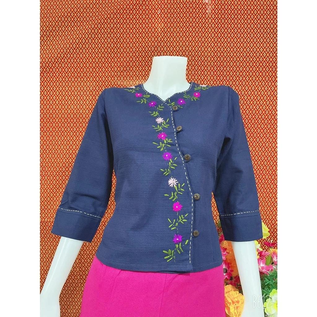 Thai Lanna Blouse - Thai Traditional Cotton Top - Thai Shirt - Cotton Shirt -Chest 36"-42"