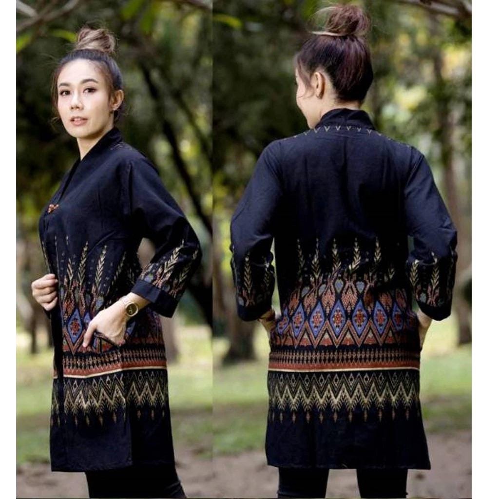 Thai Lanna Blouse - Thai Traditional Cotton Top - Long Jacket - Cotton Shirt - Chest 44"