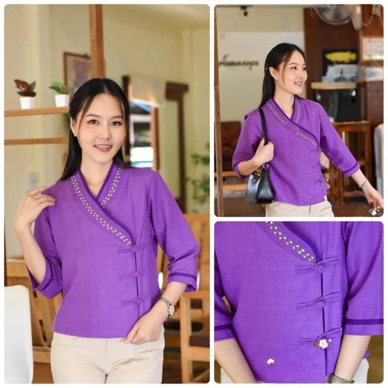 Thai Lanna Blouse - Thai Traditional Cotton Top - Thai Shirt - Cotton Shirt -Chest 36-42"”