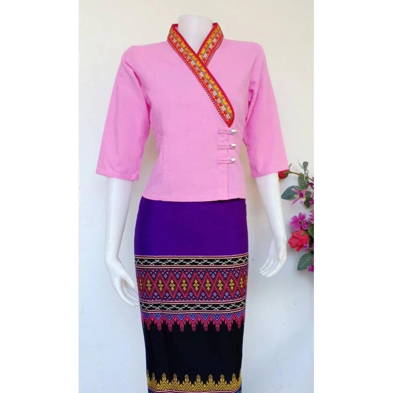 Plus Size Thai Lanna Blouse - Thai Traditional Cotton Top - Thai Shirt - Cotton Shirt -Chest 44"-50"