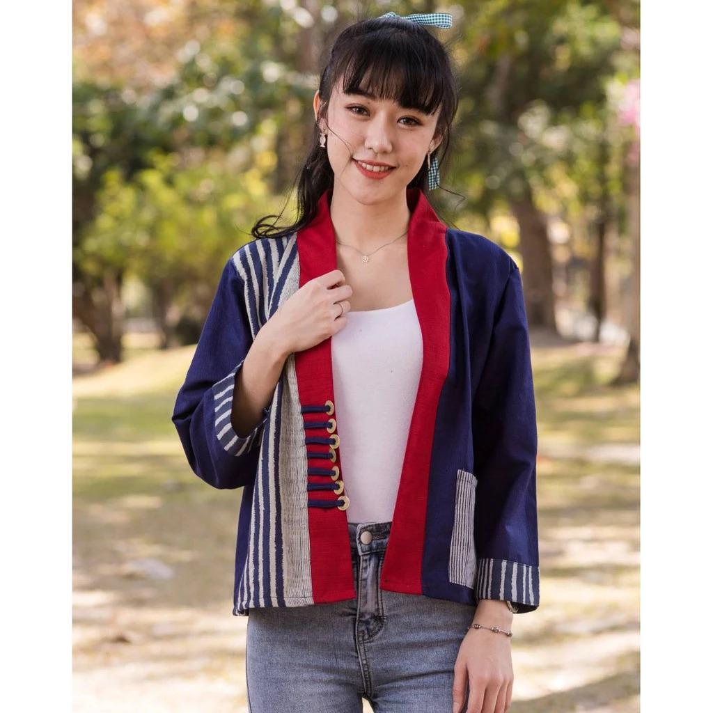 Thai Lanna Cotton Indigo Yukata Kimono Jacket – Soft & Breathable | Unisex Haori with Pockets | Handmade Thai Fabric - Chest 44"