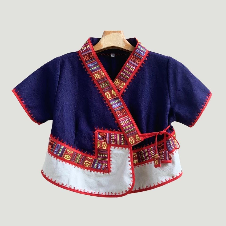Thai Lue Traditional Jacket – Handwoven Lanna Textile Shirt, Embroidered Wrap Top, Short or Long Sleeve | Red, Navy, White | Chest 36–46 in