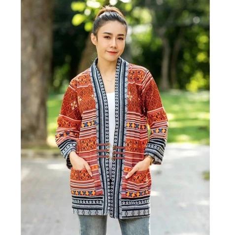 Thai Lanna Cotton Indigo Yukata Kimono Jacket – Soft & Breathable | Unisex Haori with Pockets | Handmade Thai Fabric - Chest 44"