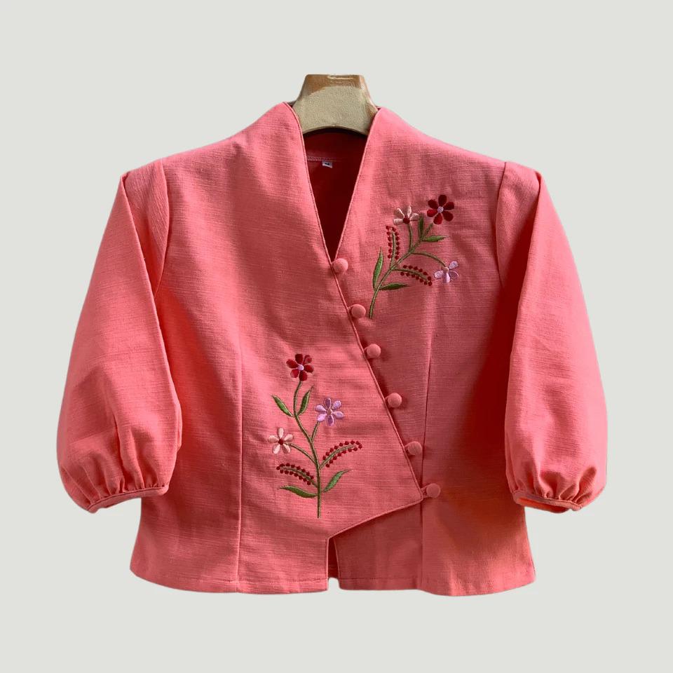 Bust 36"-44" - Embroidered Floral Cotton V-Neck Blouse | Soft Natural Fabric | 9 Colors