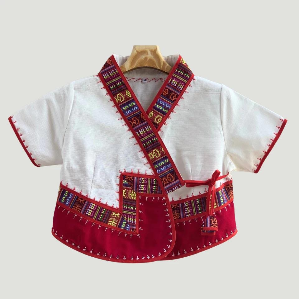 Thai Lue Traditional Jacket – Handwoven Lanna Textile Shirt, Embroidered Wrap Top, Short or Long Sleeve | Red, Navy, White | Chest 36–46 in