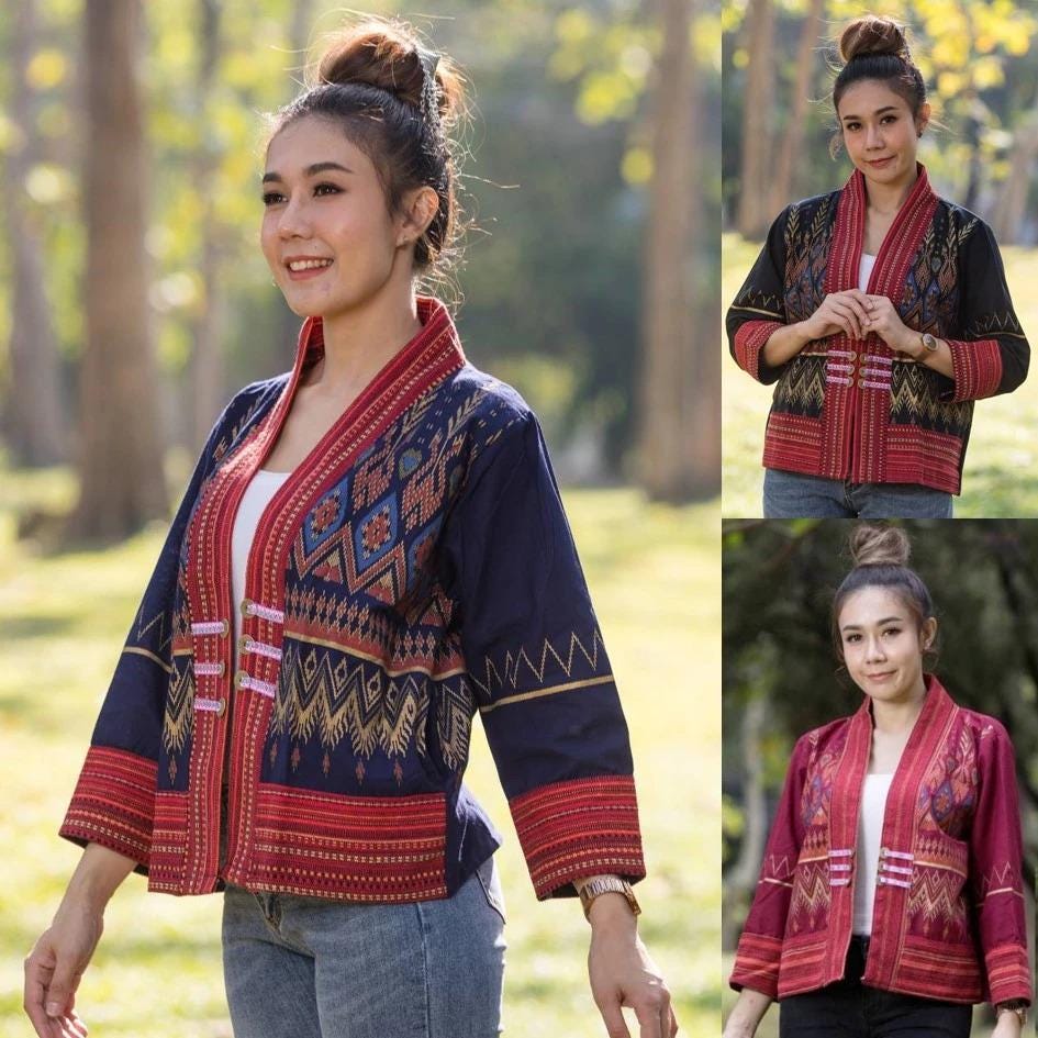 Thai Lanna Blouse - Thai Traditional Cotton Top - Crop Jacket - Cotton Shirt - Chest 44"