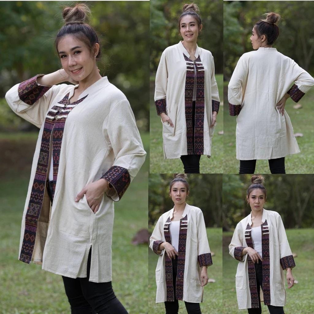 Thai Lanna Blouse - Thai Traditional Cotton Top - Long Jacket - Cotton Shirt - Chest 46"