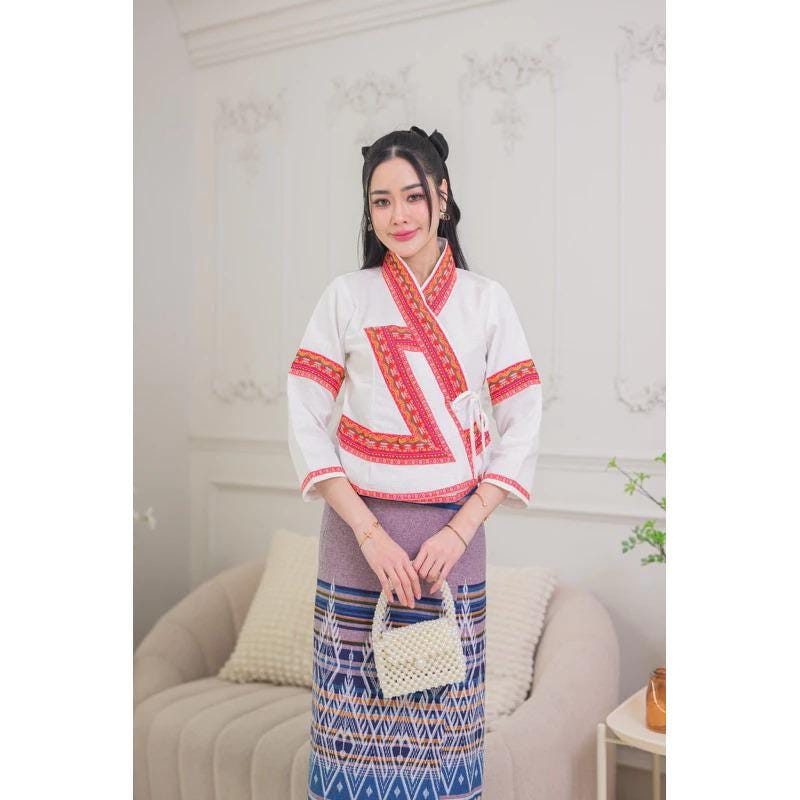 Thai Lanna Blouse - Thai Traditional Cotton Top - Thai Shirt - Cotton Shirt -Chest 34-42"