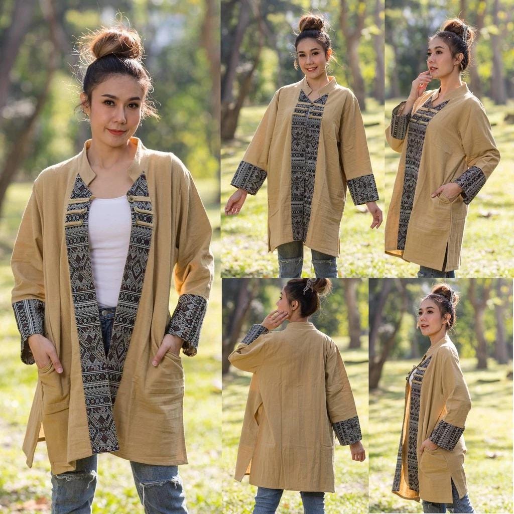 Thai Lanna Blouse - Thai Traditional Cotton Top - Long Jacket - Cotton Shirt - Chest 46"