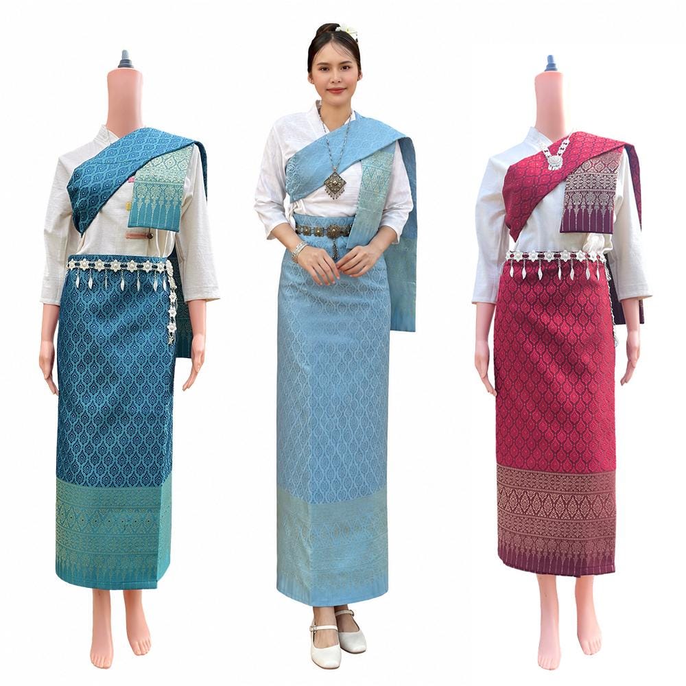 Set Thai Salong+Sabai with Fusible Interfacing - Silk Fabric - Free Size - Asian Salong - Lanna Style