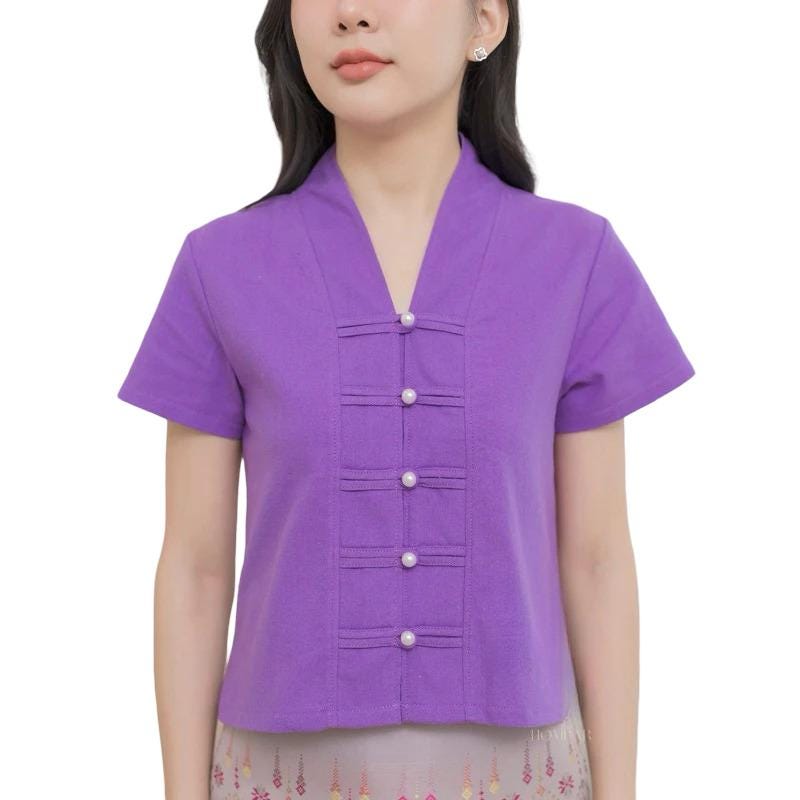 Chest 34"-42" - Thai Lanna Blouse - Thai Traditional Cotton Top - Thai Shirt - Cotton Shirt - Thai Vintage Blouse
