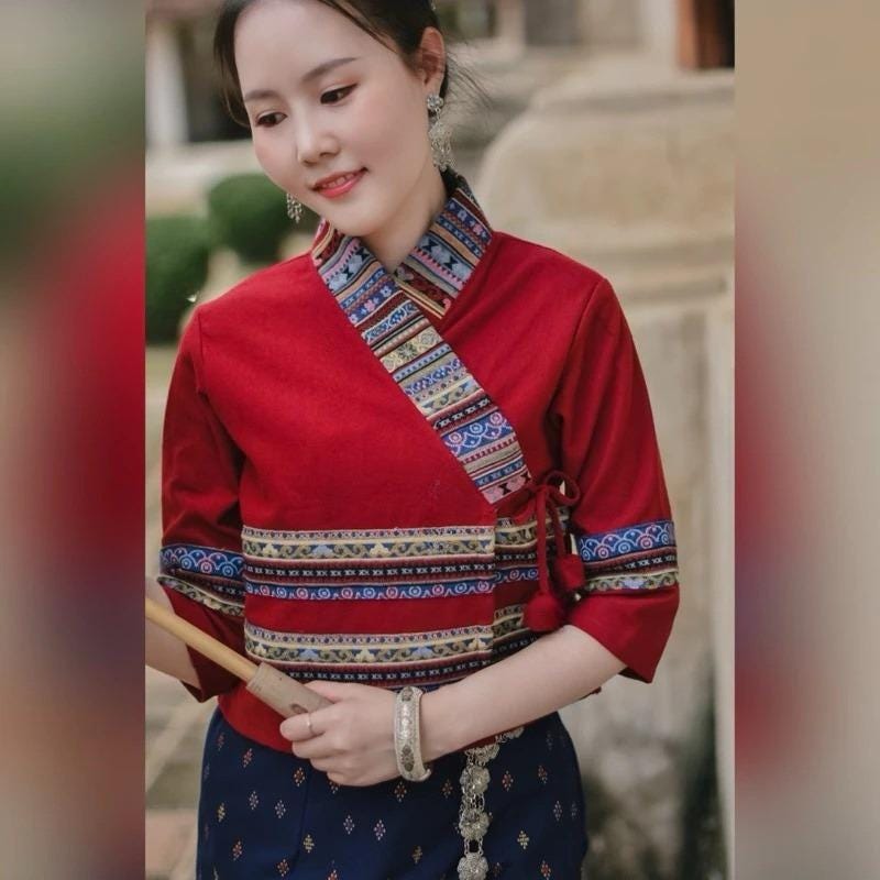 Thai Lanna Blouse - Thai Traditional Cotton Top - Thai Shirt - Cotton Shirt -Chest 34-44"”