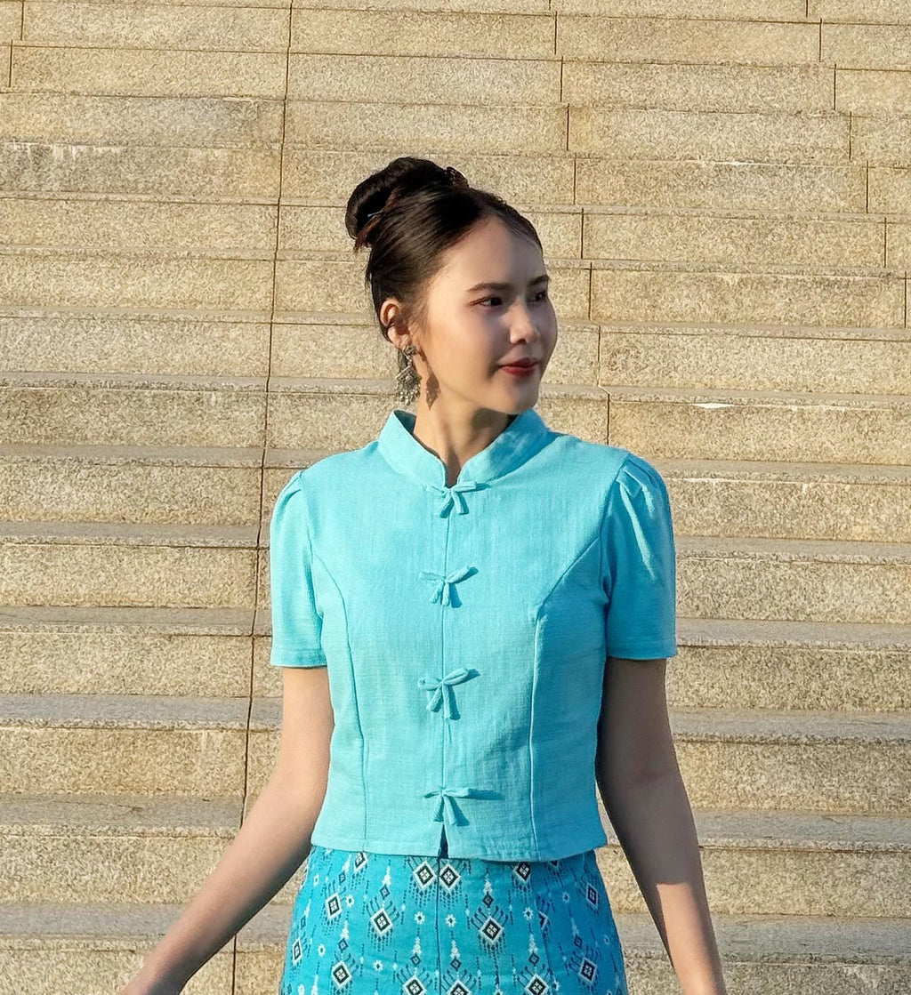 Bust 34"-40" - Traditional Thai Lanna Dress – Handmade Cotton Top & Ethnic Pattern Skirt Set