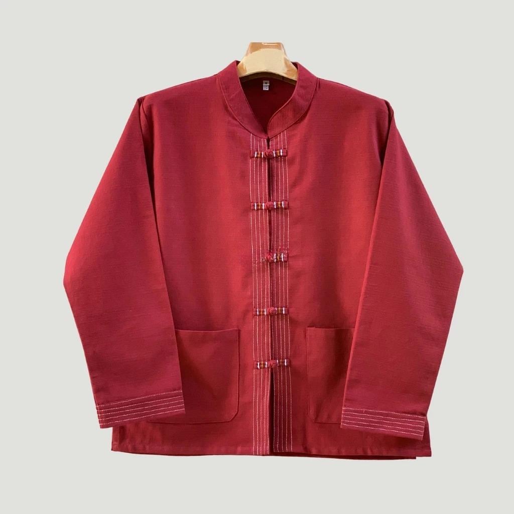 Chest 42"-50" - Men’s Lanna Cotton Shirt – Thai Style Mandarin Collar Shirt | Traditional Northern Thailand Fashion | Available Ten Colors