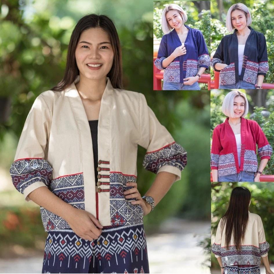 Thai Cotton Kimono Jacket – Traditional Print, Lightweight & Comfortable, Affordable, Boho Outerwear, One Size 44" Bust