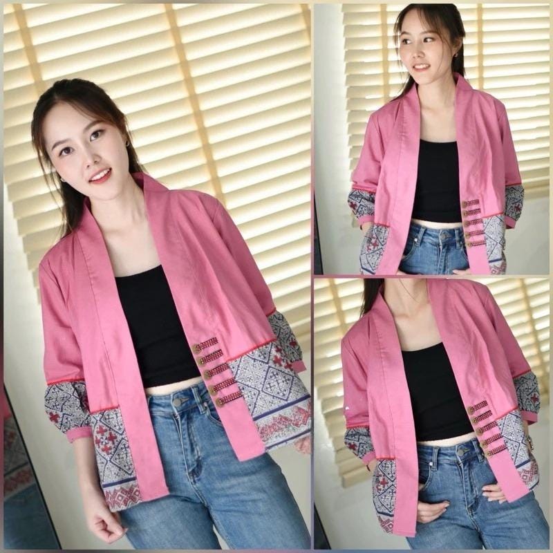 Thai Lanna Blouse - Thai Traditional Cotton Top - Crop Jacket - Cotton Shirt - Chest 42"