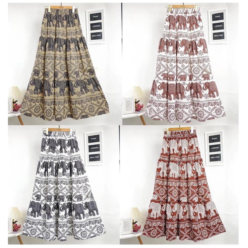 Long Elephant Skirt, High Waisted Tiered Maxi Skirt, Thai Elephant Pants Skirt, Boho Summer Festival Skirt, Smocked Waist Italian Silk