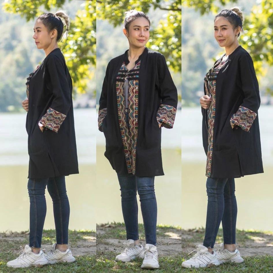 Thai Lanna Blouse - Thai Traditional Cotton Top - Long Jacket - Cotton Shirt - Chest 46"