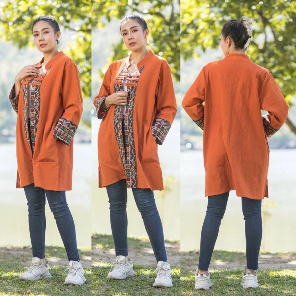 Thai Lanna Blouse - Thai Traditional Cotton Top - Long Jacket - Cotton Shirt - Chest 46"