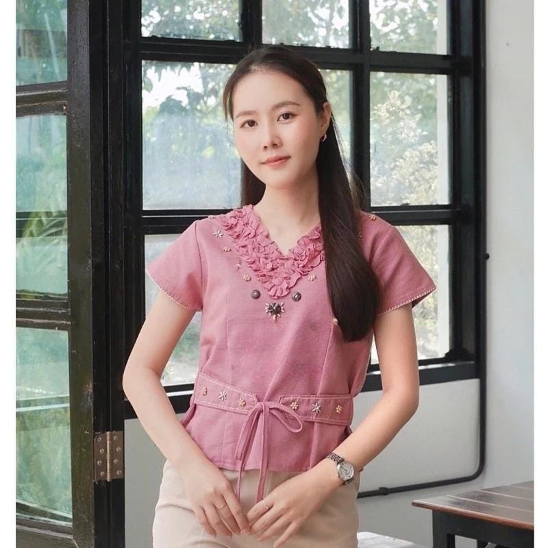 Thai Lanna Blouse - Thai Traditional Cotton Top - Thai Shirt - Cotton Shirt -Chest 34-40"