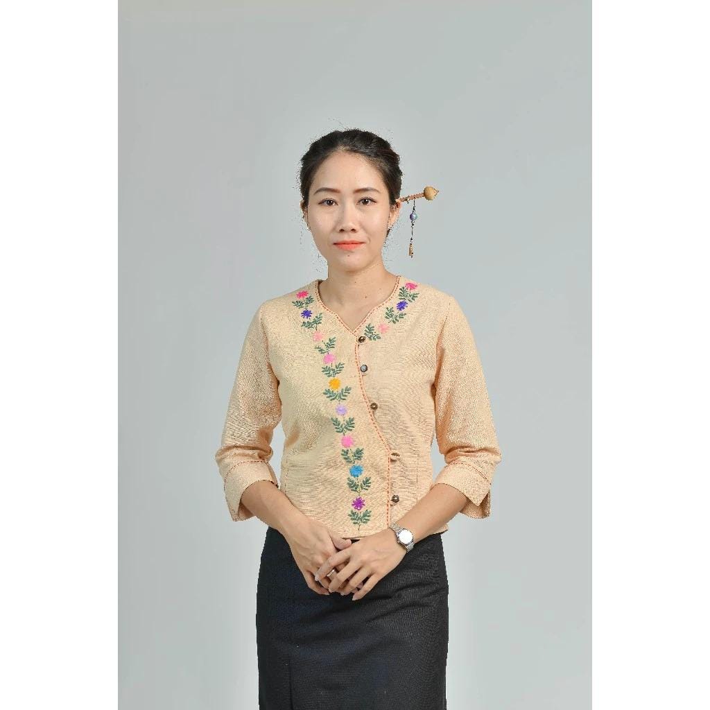 Thai Lanna Blouse - Thai Traditional Cotton Top - Thai Shirt - Cotton Shirt -Chest 36"-42"