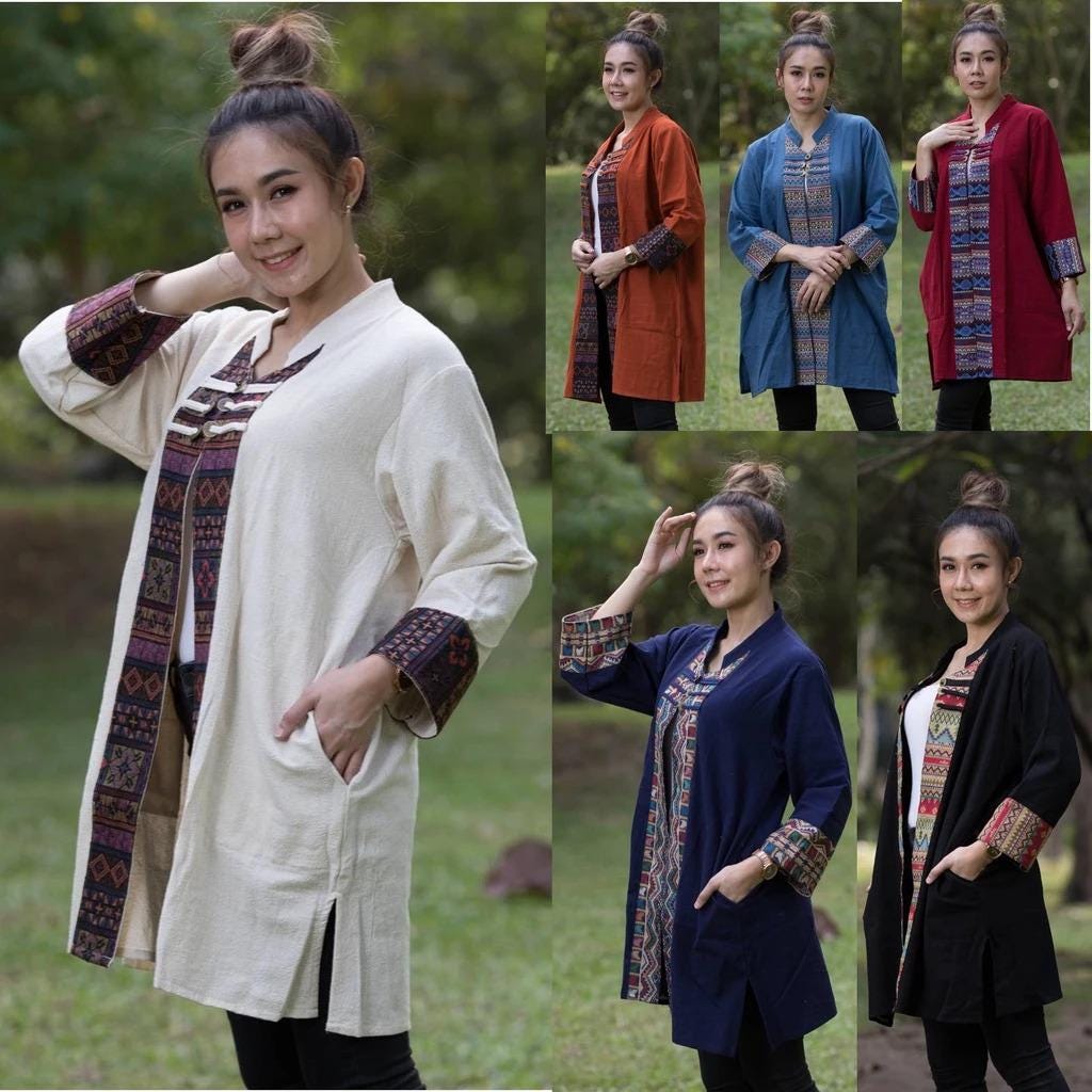 Thai Lanna Blouse - Thai Traditional Cotton Top - Long Jacket - Cotton Shirt - Chest 46"