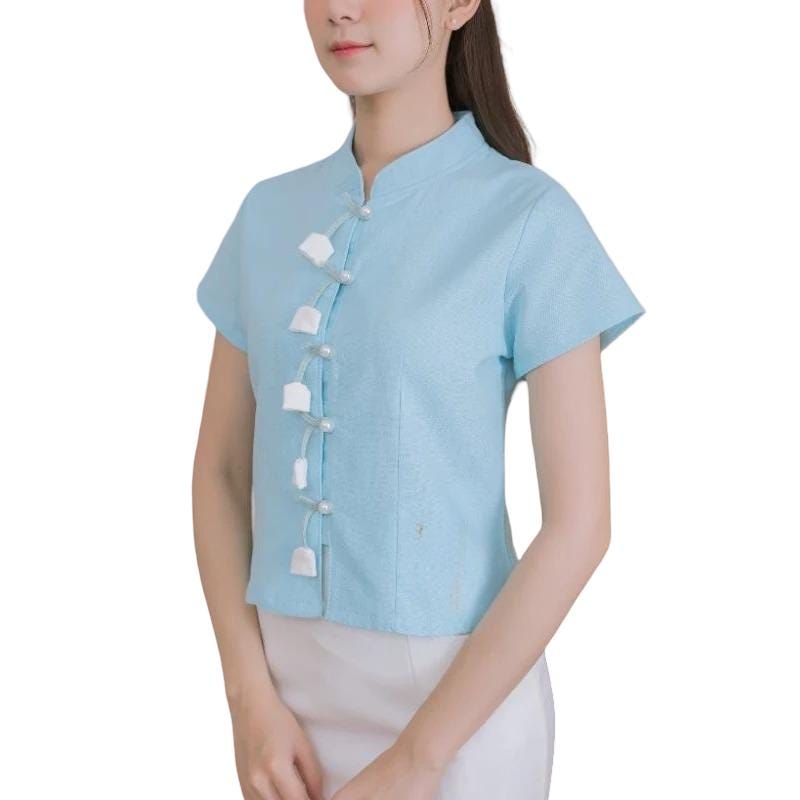 Chest 34"- 44" -  Thai Lanna Blouse - Thai Traditional Cotton Top - Thai Shirt - Cotton Blouse