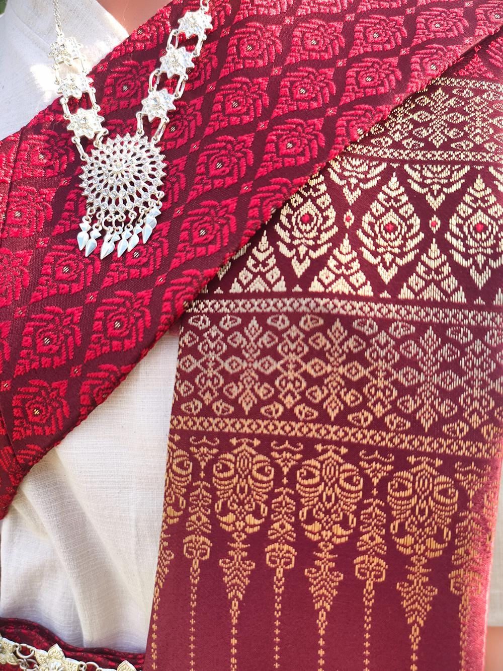 Set Thai Salong+Sabai with Fusible Interfacing - Silk Fabric - Free Size - Asian Salong - Lanna Style