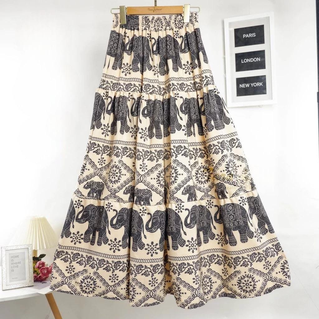 Long Elephant Skirt, High Waisted Tiered Maxi Skirt, Thai Elephant Pants Skirt, Boho Summer Festival Skirt, Smocked Waist Italian Silk