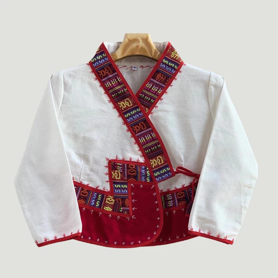 Thai Lue Traditional Jacket – Handwoven Lanna Textile Shirt, Embroidered Wrap Top, Short or Long Sleeve | Red, Navy, White | Chest 36–46 in