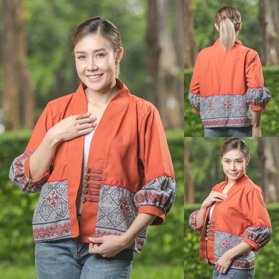 Thai Cotton Kimono Jacket – Traditional Print, Lightweight & Comfortable, Affordable, Boho Outerwear, One Size 44" Bust