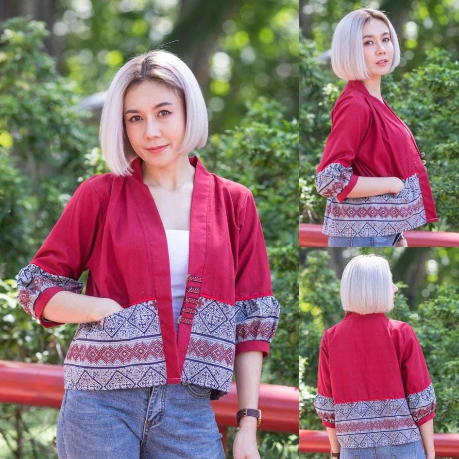 Thai Cotton Kimono Jacket – Traditional Print, Lightweight & Comfortable, Affordable, Boho Outerwear, One Size 44" Bust