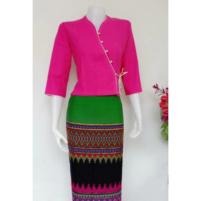 Plus Size Thai Lanna Blouse - Thai Traditional Cotton Top - Thai Shirt - Cotton Shirt -Chest 46"-52"
