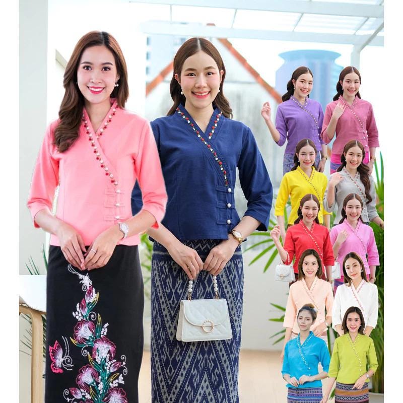 Thai Lanna Blouse - Thai Traditional Cotton Top - Thai Shirt - Cotton Shirt -Chest 34-42"