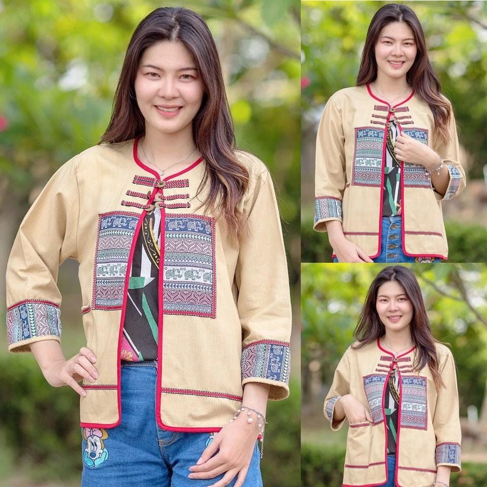 Thai Lanna Blouse - Thai Traditional Cotton Top - Cotton Jacket - Cotton Shirt - Chest 44"