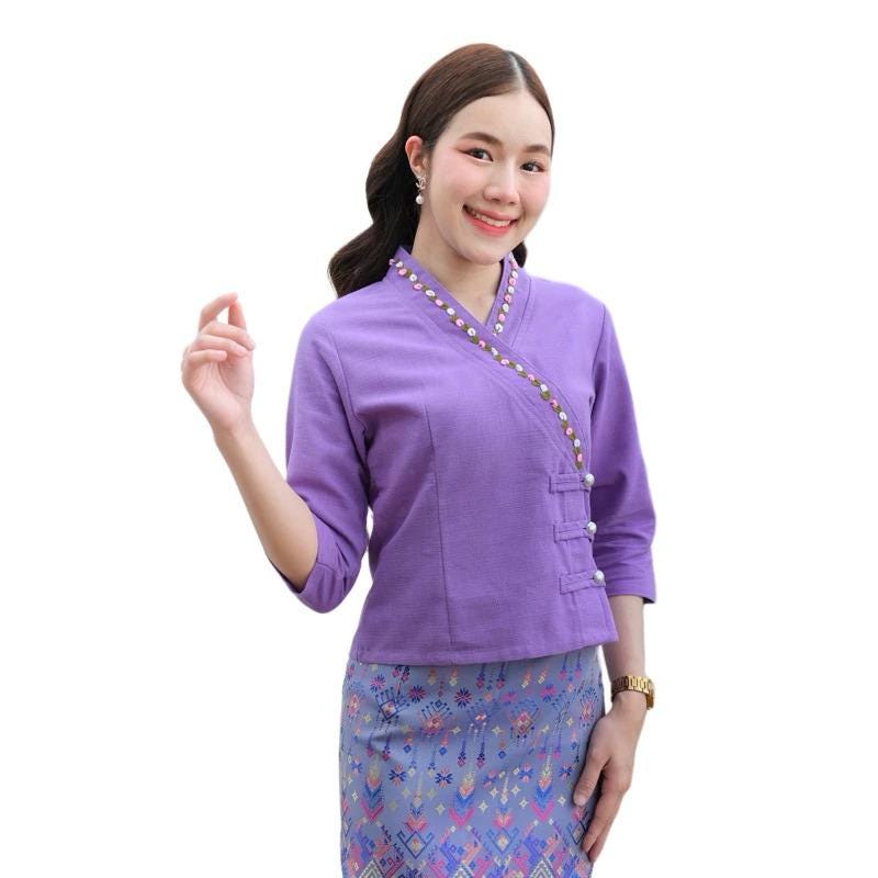 Thai Lanna Blouse - Thai Traditional Cotton Top - Thai Shirt - Cotton Shirt -Chest 34-42"
