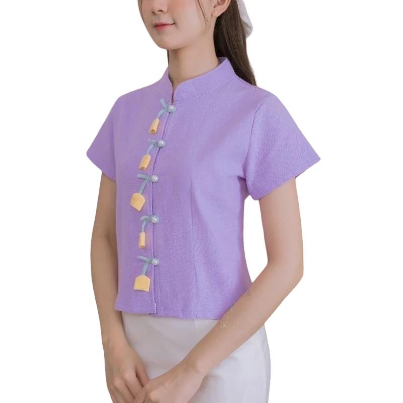 Chest 34"- 44" -  Thai Lanna Blouse - Thai Traditional Cotton Top - Thai Shirt - Cotton Blouse