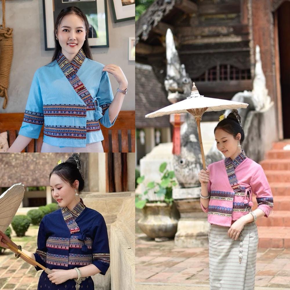 Thai Lanna Blouse - Thai Traditional Cotton Top - Thai Shirt - Cotton Shirt -Chest 34-44"”