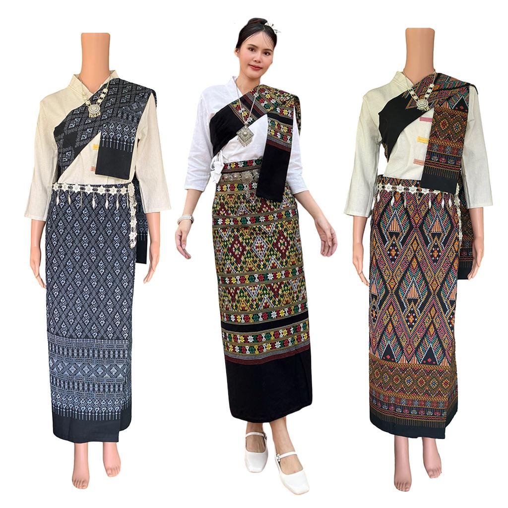 Set Thai Salong+Sabai - Cotton Salong - Free Size -Asian Salong - Lanna Style - Black Color
